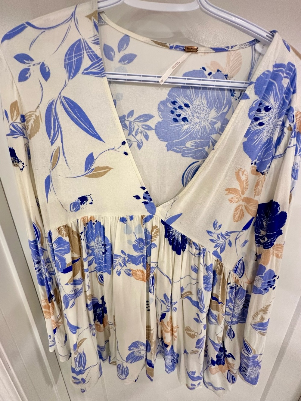 Free People Cream Floral V-Neck Tiered Tunic with Blue and Tan Flowers